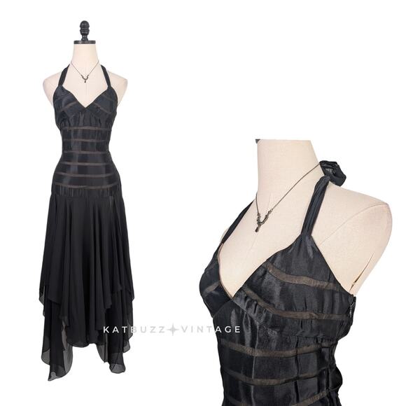 Adrianna Papell Dresses & Skirts - Vintage Papell Maxi Dress Silk Gown Black 8 Fairy Y2K Silk Halter Whimsigoth